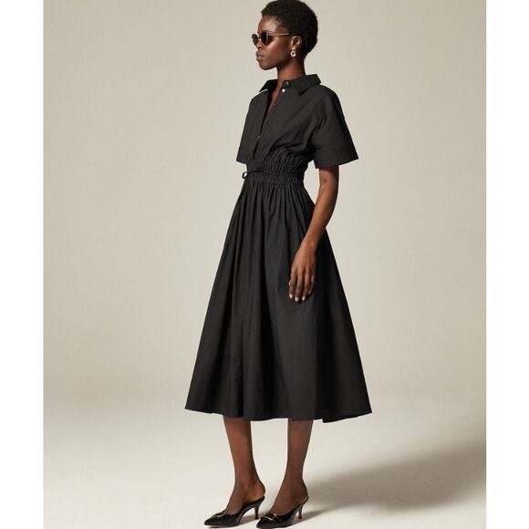 J.Crew Elena Shirt Dress Sz 4 Black Cotton Poplin Short Sleeve Drawstring Waist - Picture 1 of 8